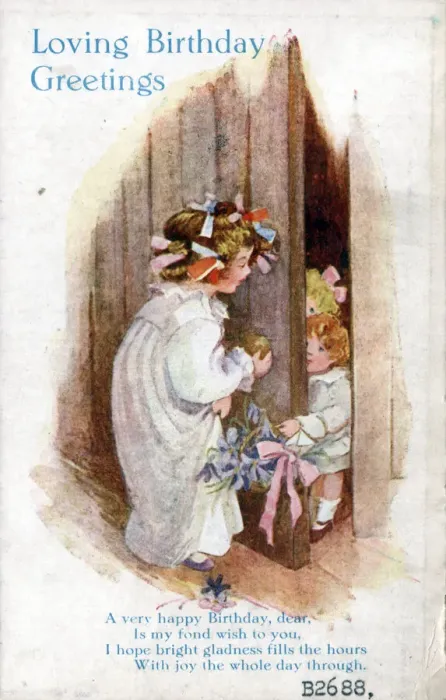 Framed Print : Little girl with younger siblings on a birthday postcard Date: circa 1918 Framed Print : Little girl with younger siblings on a birthday postcard Date: circa 1918