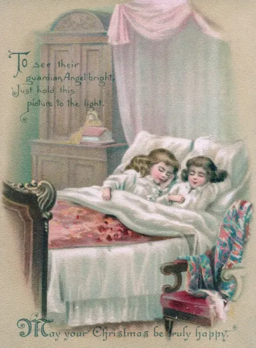 Framed Print : Two little girls asleep on a Christmas card Framed Print : Two little girls asleep on a Christmas card