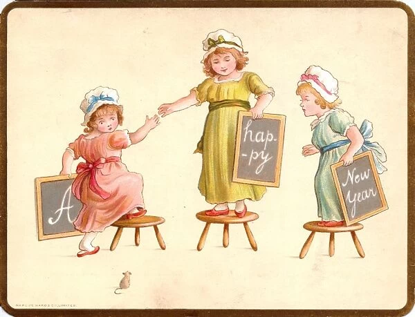 Three little girls and a mouse on a New Year card