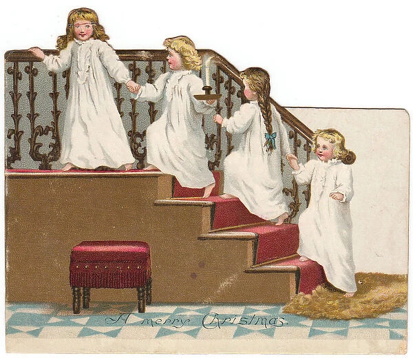 Four little girls in nightdresses on a Christmas card