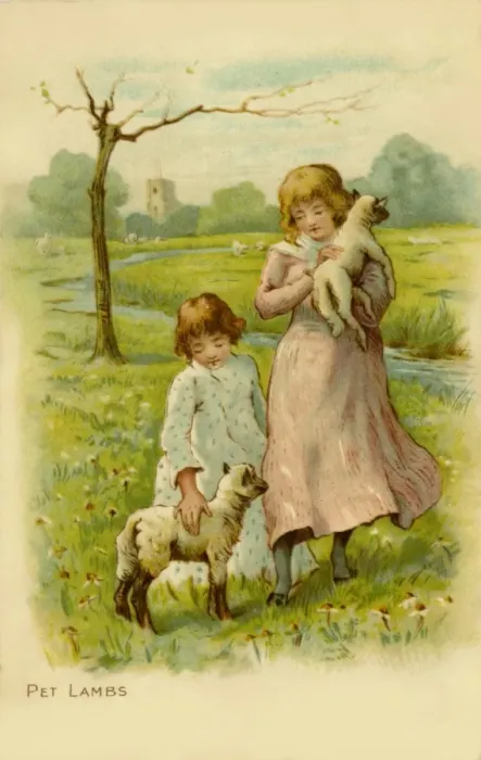 Framed Print : Two little girls with their pet lambs Framed Print : Two little girls with their pet lambs
