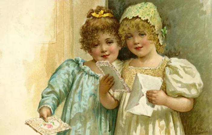 Framed Print : Two little girls receive a card Framed Print : Two little girls receive a card