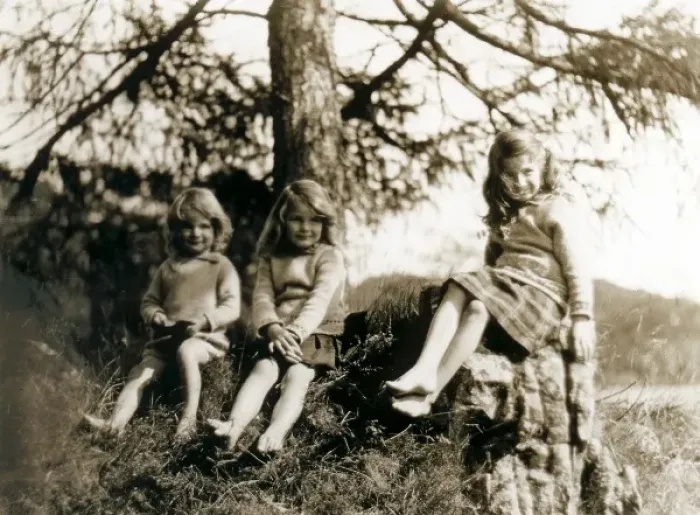 Framed Print : Three little girls sitting on a wooded outcrop, Scotland Framed Print : Three little girls sitting on a wooded outcrop, Scotland