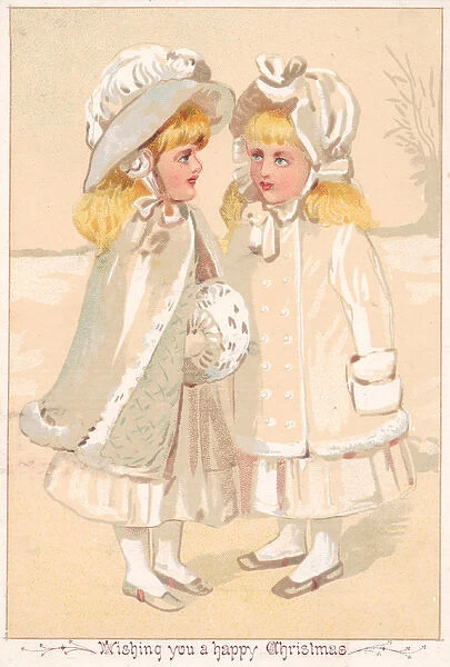 Two little girls in the snow on a Christmas card