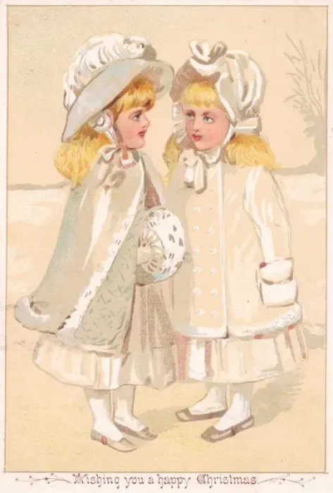 Framed Print : Two little girls in the snow on a Christmas card Framed Print : Two little girls in the snow on a Christmas card