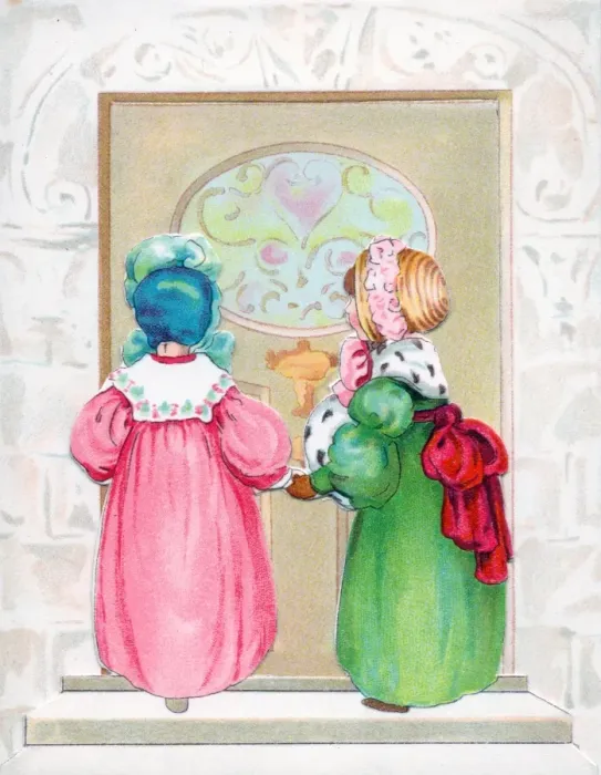 Framed Print : Two little girls standing at a door on a greetings card Framed Print : Two little girls standing at a door on a greetings card