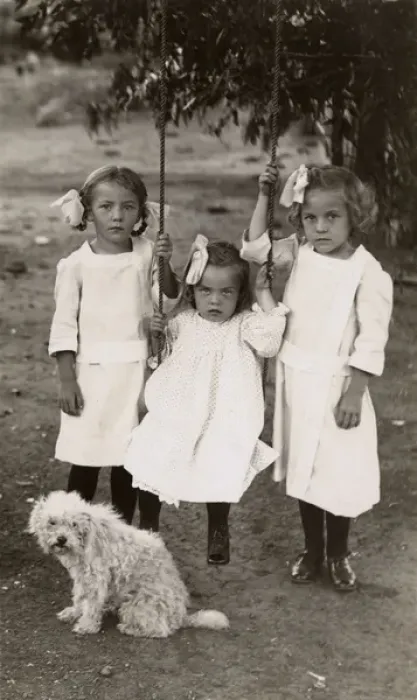 Framed Print : Three little girls with a terrier dog in a garden Framed Print : Three little girls with a terrier dog in a garden
