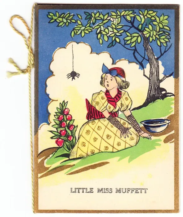 Framed Print : Little Miss Muffett and spider on a greetings card Framed Print : Little Miss Muffett and spider on a greetings card
