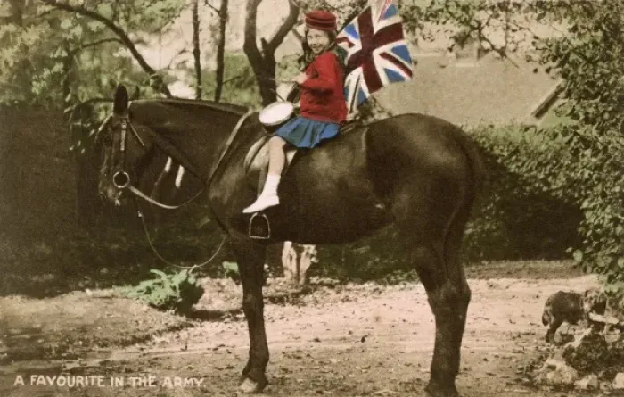 Framed Print : Little Patriotic Girl astride a cavalry horse Framed Print : Little Patriotic Girl astride a cavalry horse