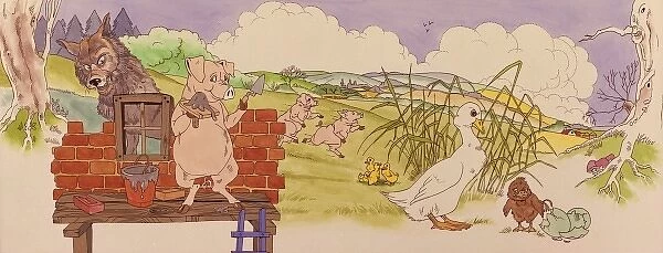 The Three Little Pigs meet a white goose and chick