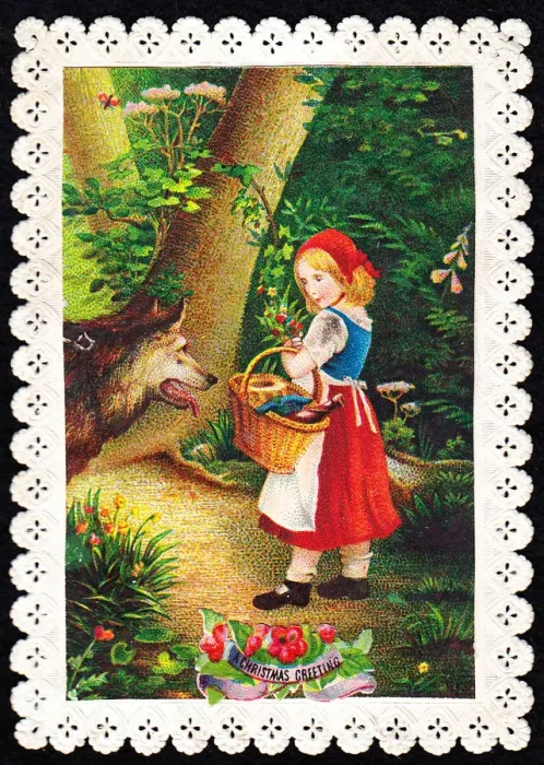 Framed Print : Little Red Riding Hood and wolf on a Christmas card Framed Print : Little Red Riding Hood and wolf on a Christmas card