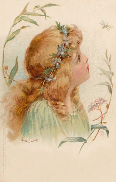Little sunbeam. Lovely young girl with a garland in her hair, keenly gazing at an insect