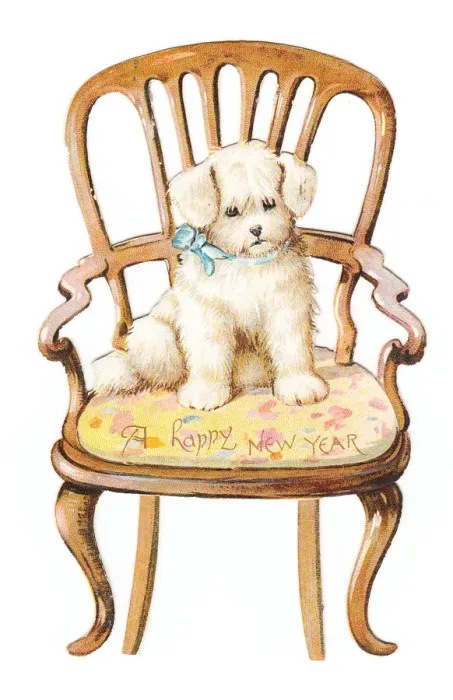 Framed Print : Little white dog on a chair on a cutout New Year card Framed Print : Little white dog on a chair on a cutout New Year card