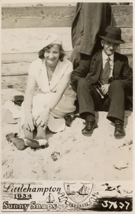 Framed Print : Littlehampton - Young woman and her Father-in-law on beach Framed Print : Littlehampton - Young woman and her Father-in-law on beach