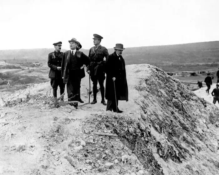 Framed Print : Lloyd George on edge of mine crater, Western Front, WW1 Framed Print : Lloyd George on edge of mine crater, Western Front, WW1