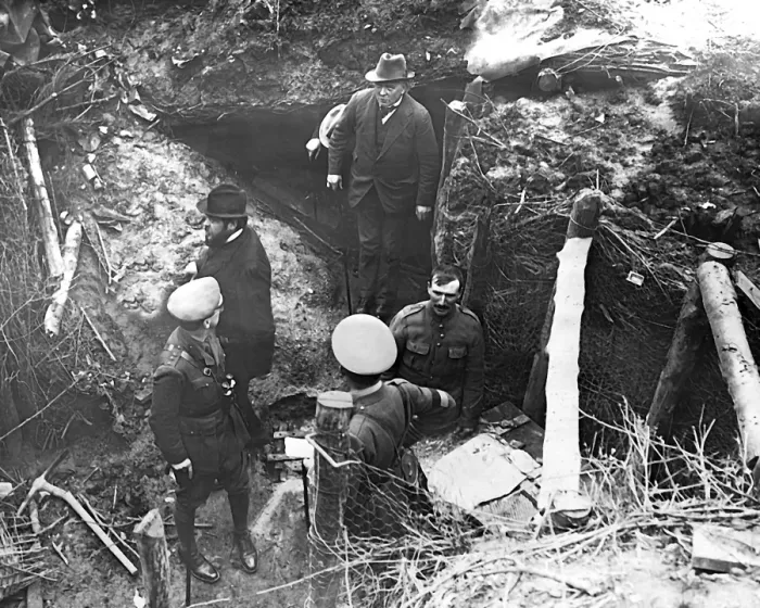 Framed Print : Lloyd George emerging from German dugout, WW1 Framed Print : Lloyd George emerging from German dugout, WW1