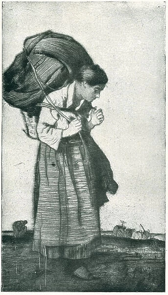 The Load. A portrait etching of a woman, carrying a burdensome load on her back outside