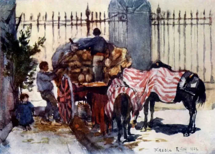 Framed Print : Loading a cart with wine flasks, Florence, Italy - morning Framed Print : Loading a cart with wine flasks, Florence, Italy - morning