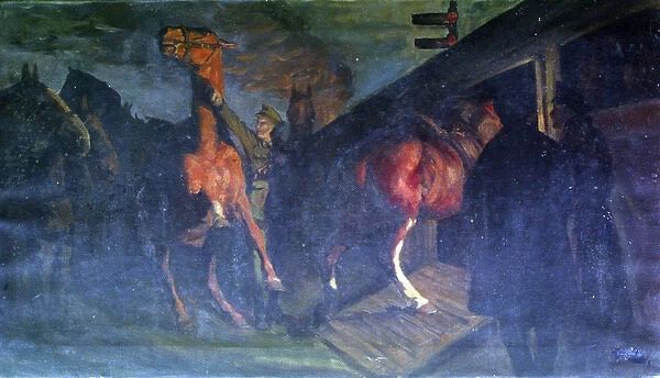 Loading horses onto a train at night, WW1