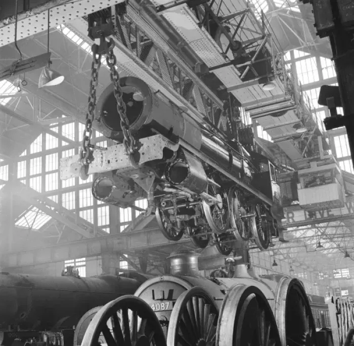 Framed Print : Locomotive construction in a large railway shed Framed Print : Locomotive construction in a large railway shed