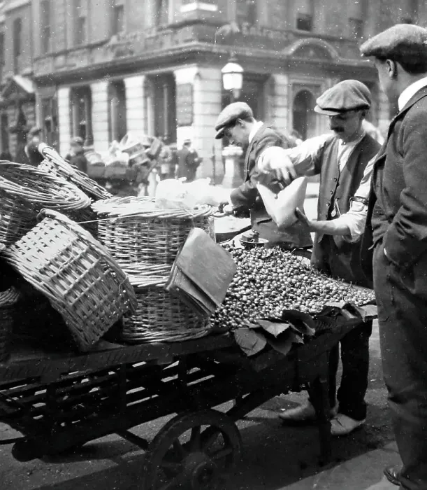 Framed Print : London barrow boy selling cherries, early 1900s Framed Print : London barrow boy selling cherries, early 1900s