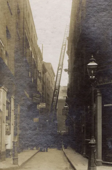 Framed Print : London Fire Brigade at work in a narrow street Framed Print : London Fire Brigade at work in a narrow street