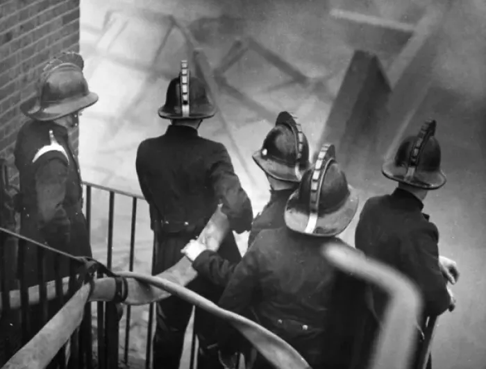Framed Print : London firefighters at work on staircase, Carron Wharf Framed Print : London firefighters at work on staircase, Carron Wharf
