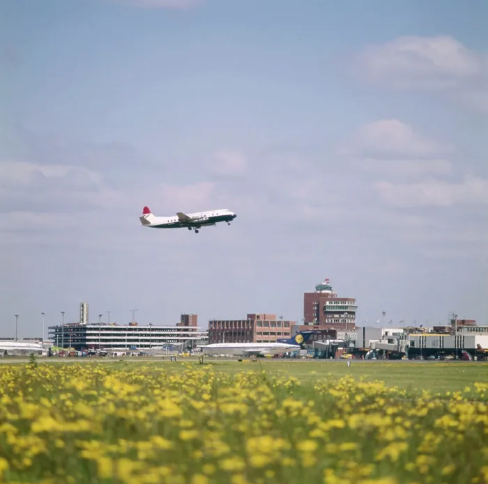 Framed Print : London Heathrow Airport - View out over the runways with plane taking off. Date: circa 1960s Framed Print : London Heathrow Airport - View out over the runways with plane taking off. Date: circa 1960s