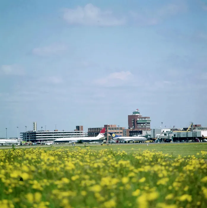 Framed Print : London Heathrow Airport - View out over the runways toward the terminal buildings and control tower. Date: circa 1960s Framed Print : London Heathrow Airport - View out over the runways toward the terminal buildings and control tower. Date: circa 1960s