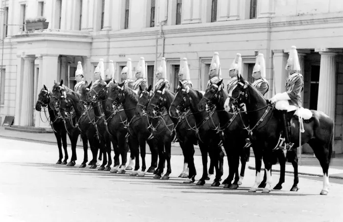 Framed Print : London horseguards on horseback in ceremonial uniform. Date: circa 1960s Framed Print : London horseguards on horseback in ceremonial uniform. Date: circa 1960s