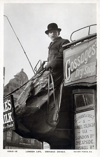 London Life - Driver of a Horse Omnibus. The last LGOC horse-bus ran in October 1911 between London Bridge and Moorgate Street, the last into central London ran in March 1912 and the last of all in London ran in August 1914