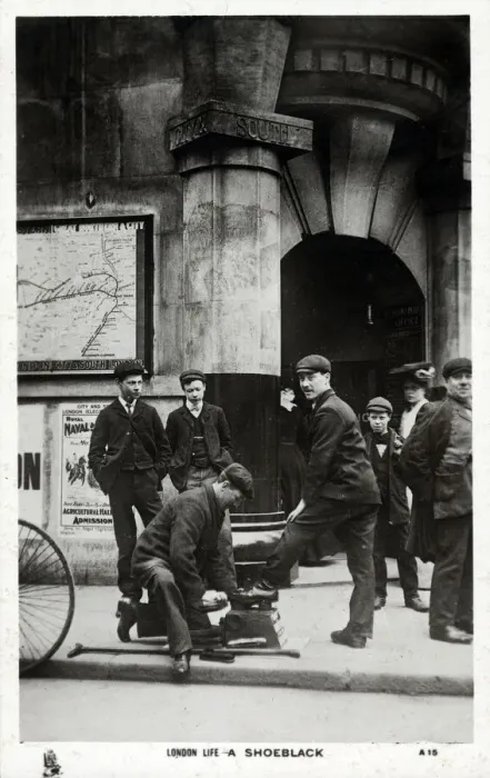Framed Print : London Life - A Shoeblack works outside a Station Entrance on The City and South London Railway (C&SLR), the tunnels and lines of which now form the Bank Branch of the Northern line, Date: circa 1910s Framed Print : London Life - A Shoeblack works outside a Station Entrance on The City and South London Railway (C&SLR), the tunnels and lines of which now form the Bank Branch of the Northern line, Date: circa 1910s