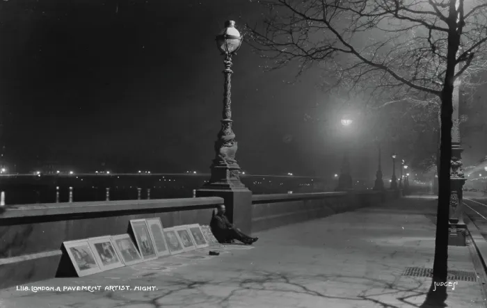 Framed Print : London Pavement Artist at Night Framed Print : London Pavement Artist at Night