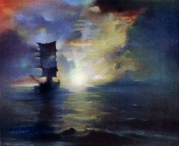 Lone Ship. Pastel of a dark sea view at sunset