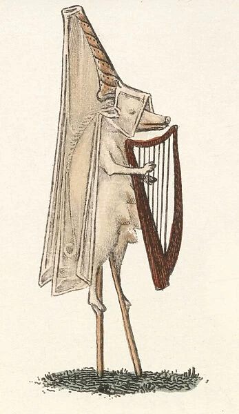 A long snouted sow plays a harp, walks on stilts and wears the fashionable French