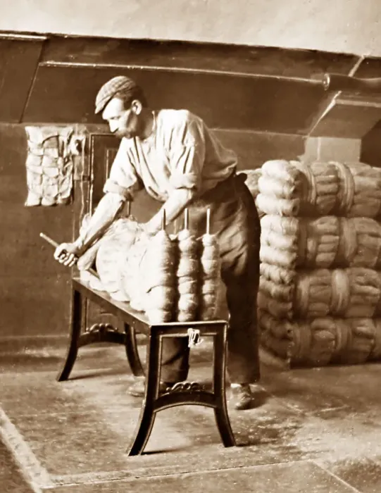 Framed Print : Long stool bundling, linen production, Victorian period Framed Print : Long stool bundling, linen production, Victorian period