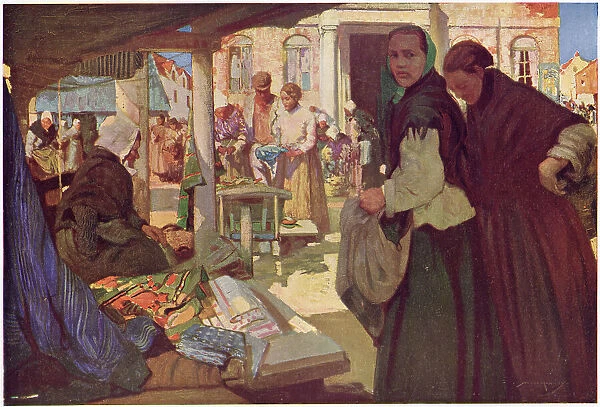 Looking at a fabric stall in a French country market. Date: 1915