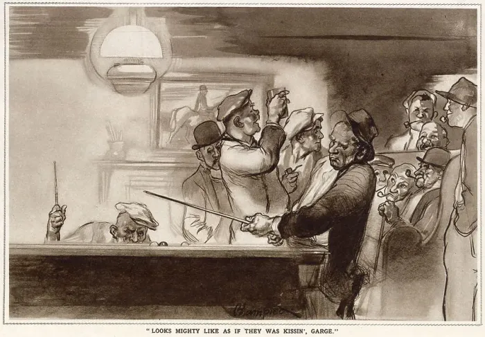 Framed Print : Looks Mighty Like as if they were Kissin, Garge. Farmers in the pub playing a game of pool. Date: 1933 Framed Print : Looks Mighty Like as if they were Kissin, Garge. Farmers in the pub playing a game of pool. Date: 1933