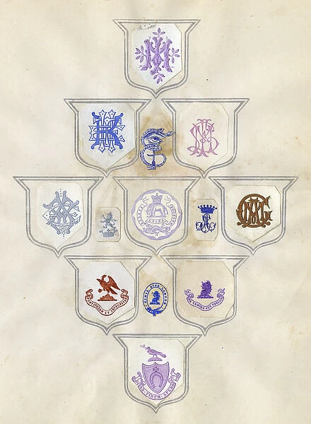 Loose page from a scrapbook of crests and heraldry