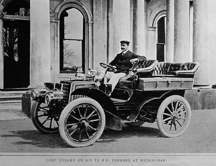 Framed Print : Lord Dudley in his 12 HP Panhard at Rockingham Castle Framed Print : Lord Dudley in his 12 HP Panhard at Rockingham Castle