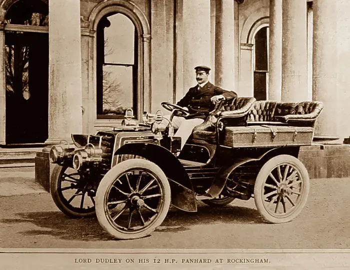 Framed Print : Lord Dudley in his 12 HP Panhard at Rockingham Castle Framed Print : Lord Dudley in his 12 HP Panhard at Rockingham Castle