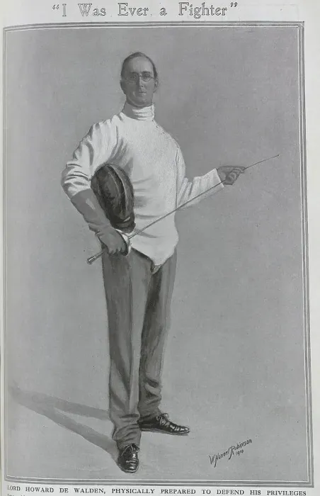 Framed Print : Lord Howard de Walden, illustration by W Howard Robinson, in fencing outfit with epee and face guard. Captioned I was ever a fighter'. With description, Physically prepared to defend his privileges Framed Print : Lord Howard de Walden, illustration by W Howard Robinson, in fencing outfit with epee and face guard. Captioned I was ever a fighter'. With description, Physically prepared to defend his privileges