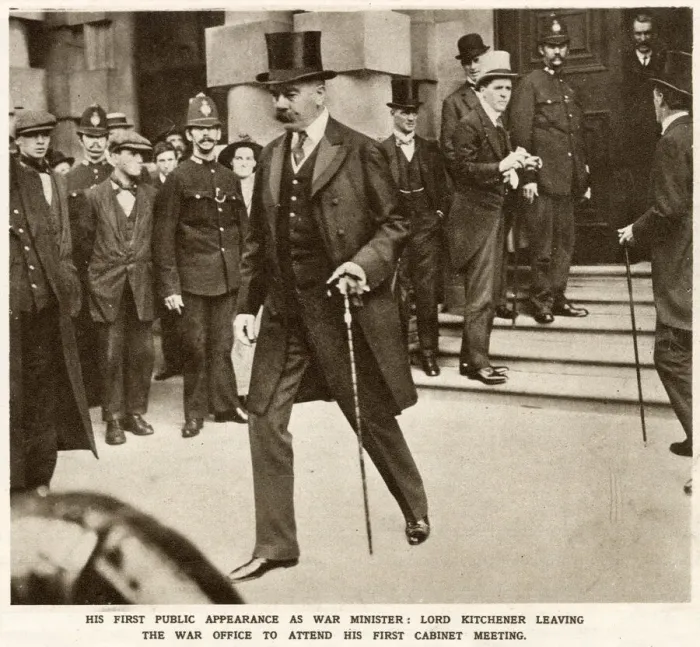 Framed Print : Lord Kitchener walking down steps alone of War Office. His first public appearance as Framed Print : Lord Kitchener walking down steps alone of War Office. His first public appearance as