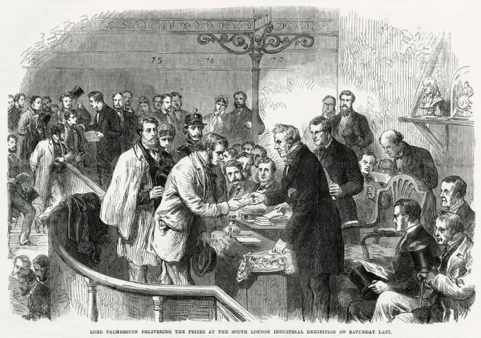 Framed Print : Lord Palmerston delivering the prizes at the South London Industrial Exhibition Framed Print : Lord Palmerston delivering the prizes at the South London Industrial Exhibition
