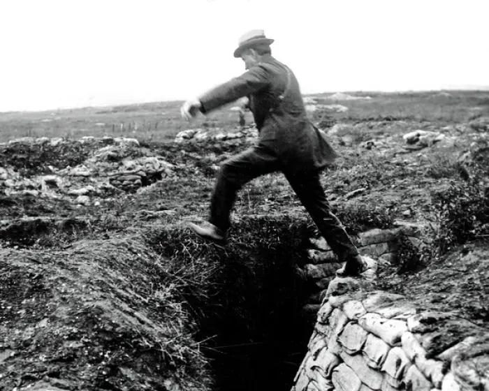Framed Print : Lord Reading jumps over trench, Western Front, WW1