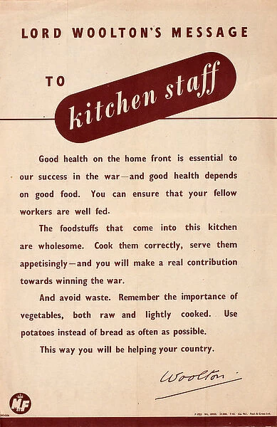 Lord Wooltons message to kitchen staff, WW2