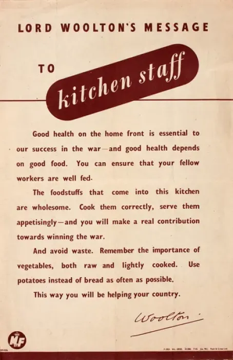 Framed Print : Lord Wooltons message to kitchen staff, WW2 Framed Print : Lord Wooltons message to kitchen staff, WW2