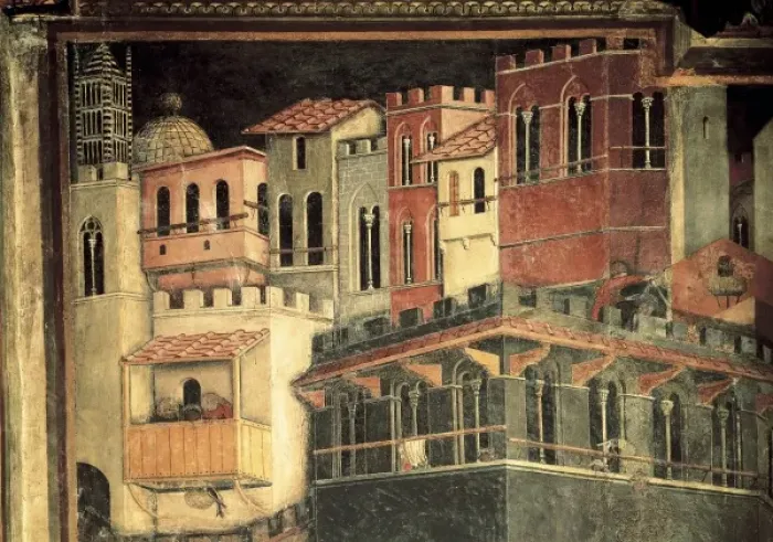 Framed Print : LORENZETTI, Ambrogio (1285-1348). Allegory f Framed Print : LORENZETTI, Ambrogio (1285-1348). Allegory f