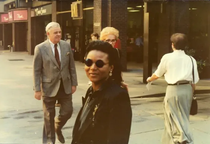 Framed Print : Lorna Holder outside shops in Manhattan New York Framed Print : Lorna Holder outside shops in Manhattan New York