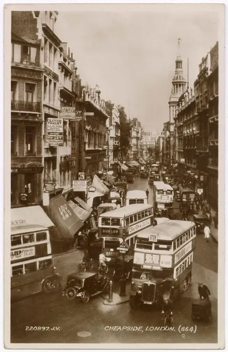 Framed Print : Lots of buses in both directions in London's Cheapside, a typical view in the City of London, England's business centre. Date: circa 1930 Framed Print : Lots of buses in both directions in London's Cheapside, a typical view in the City of London, England's business centre. Date: circa 1930